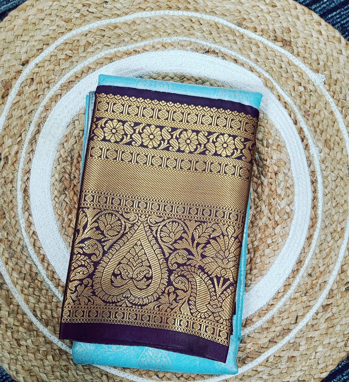 Sea Blue and Brown Semi Kanchi Silk Saree