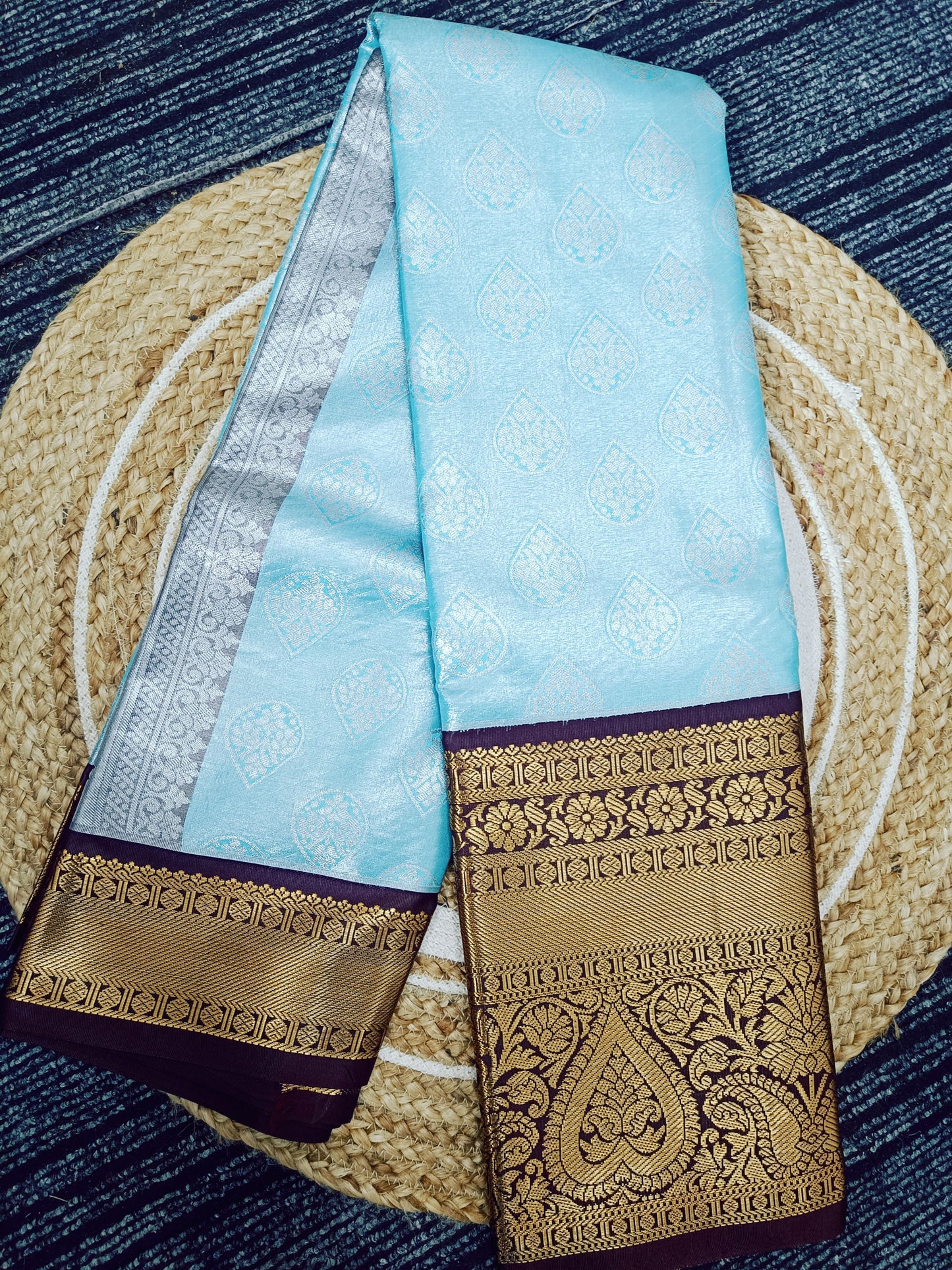 Sea Blue and Brown Semi Kanchi Silk Saree