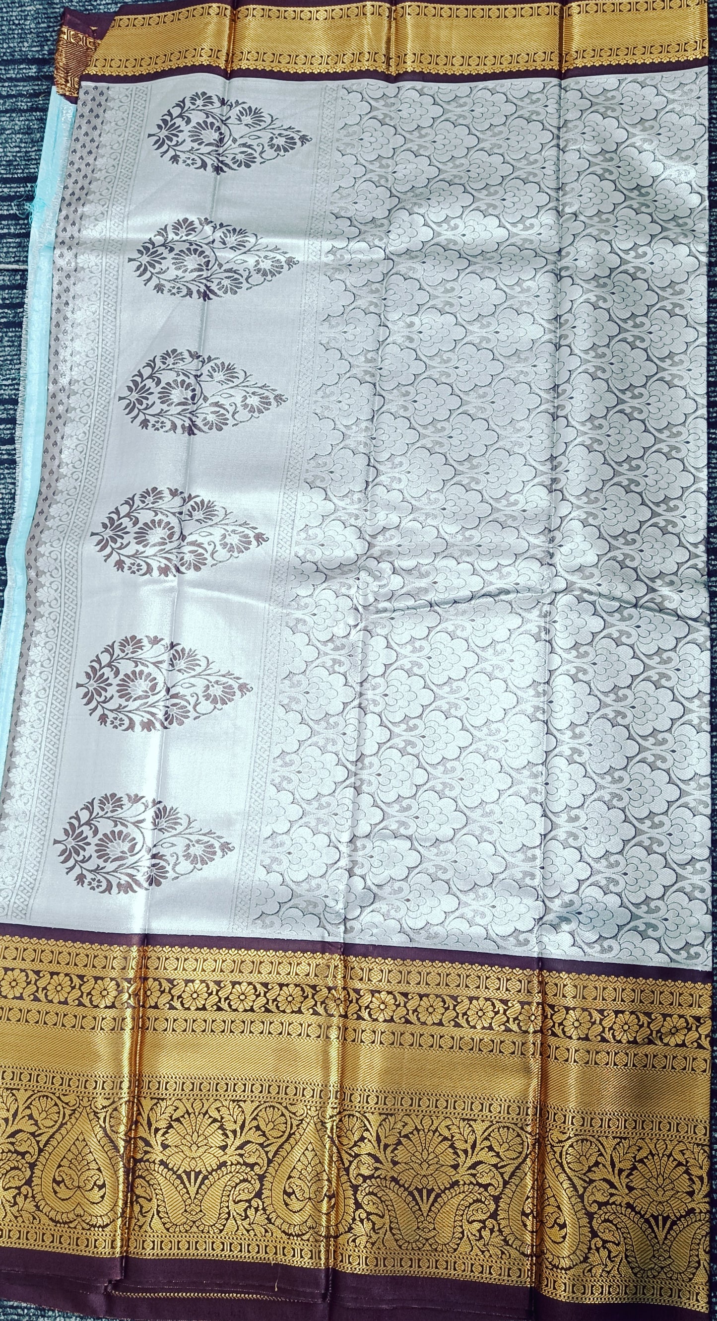Sea Blue and Brown Semi Kanchi Silk Saree