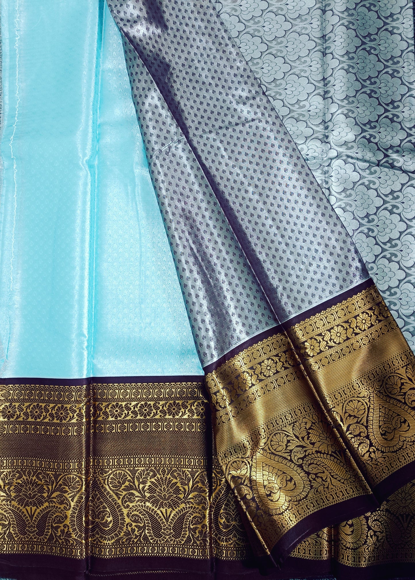 Sea Blue and Brown Semi Kanchi Silk Saree