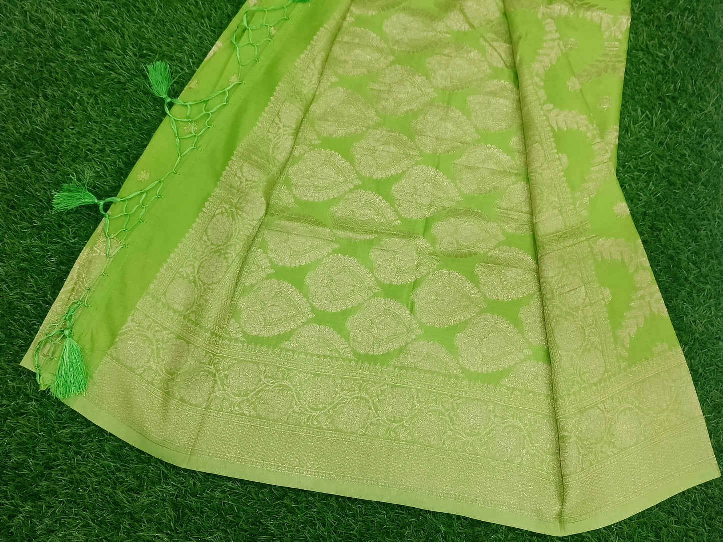 Mint Green Jaal Crape Banarasi saree