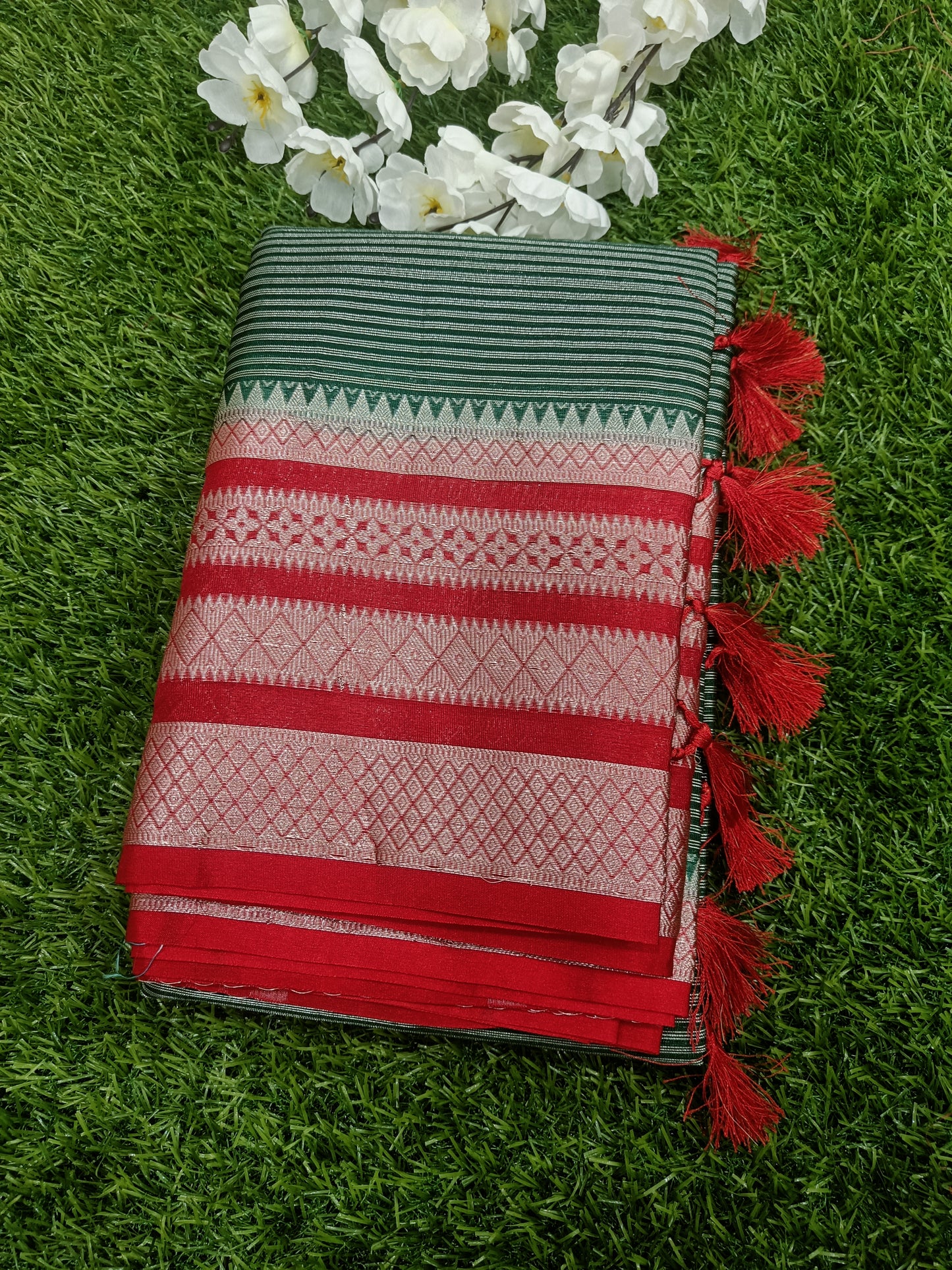 Green and Red Temple Border Tissue Silk Saree