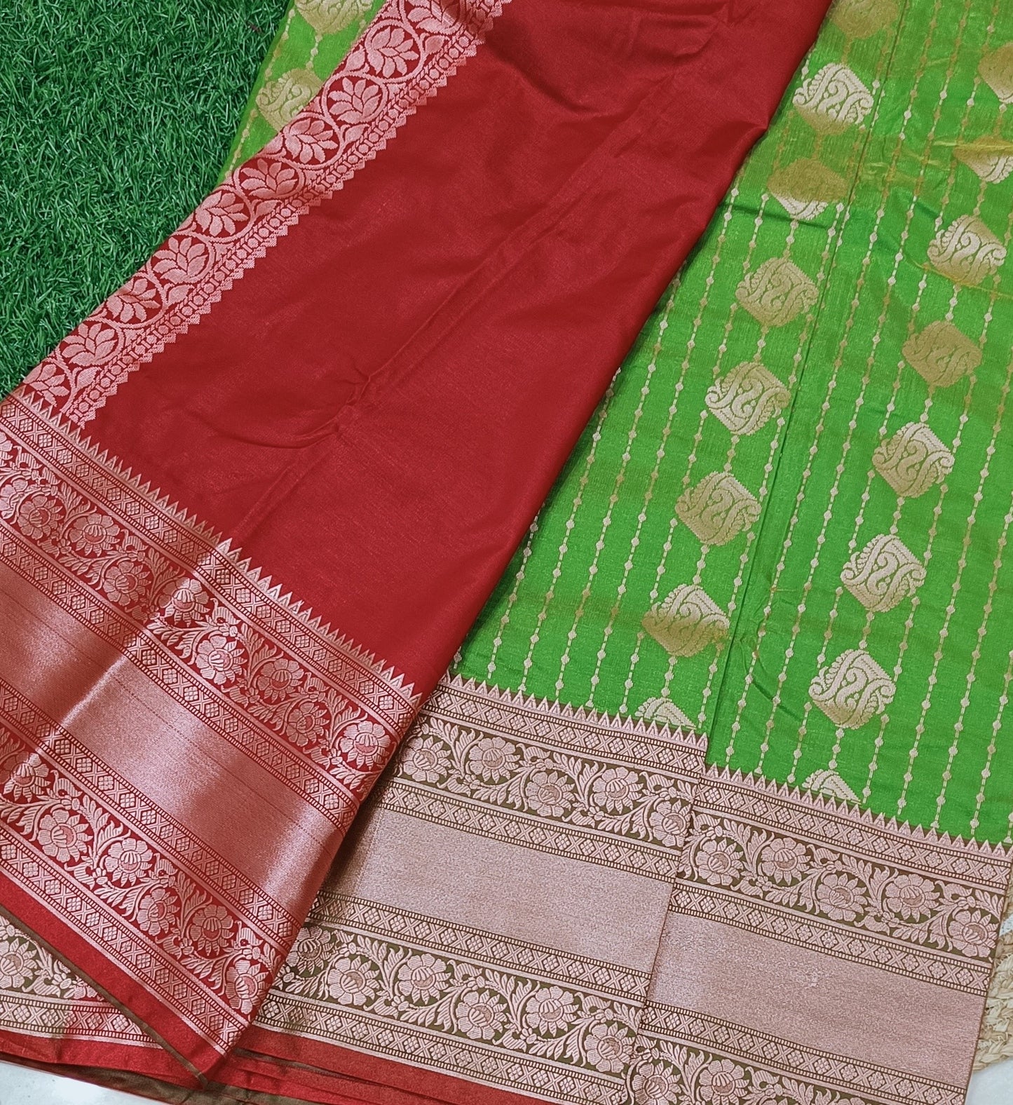 Green n Red Semi Kanchi Silk Saree