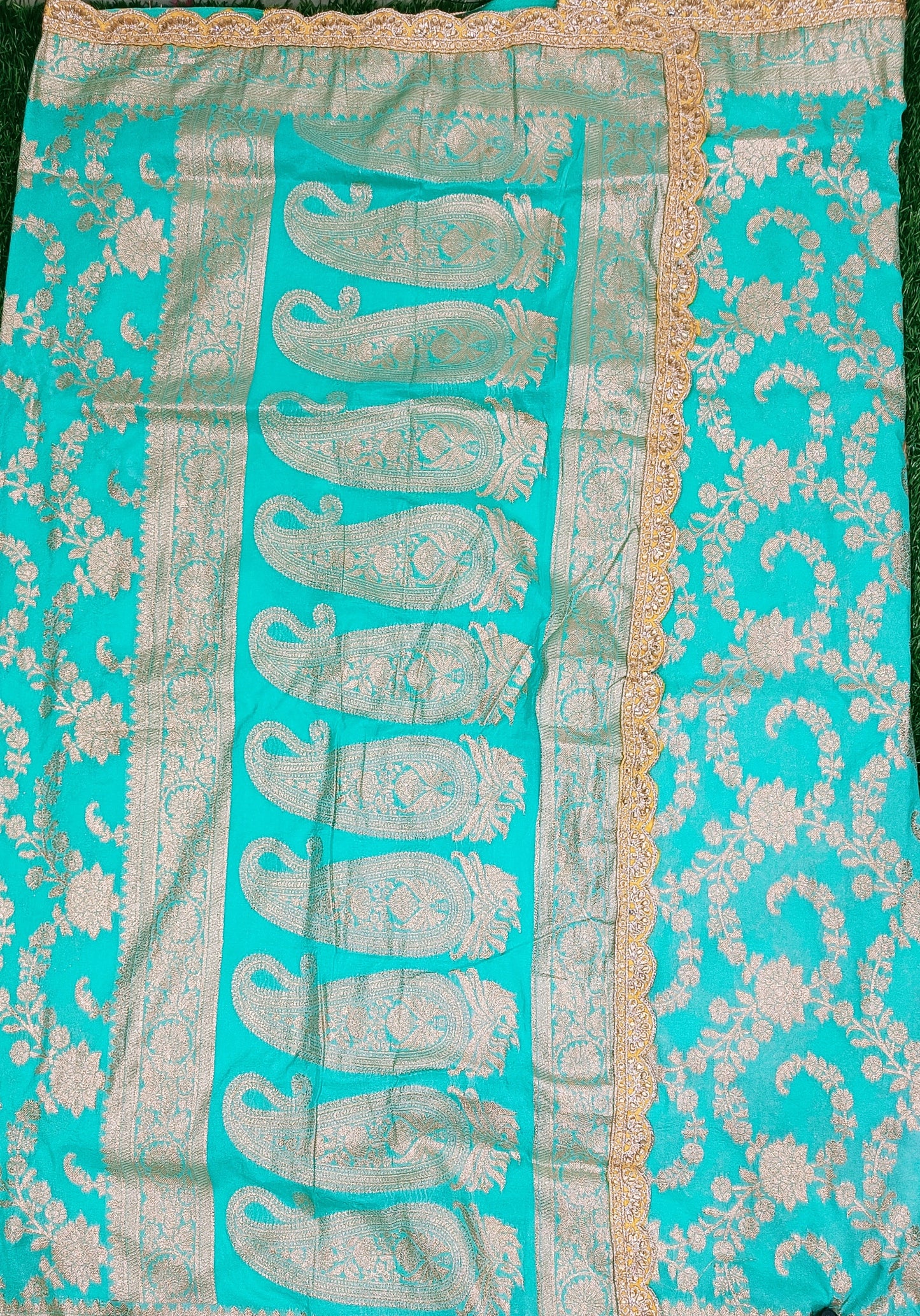 Turquoise Floral Cutwork Khadi Saree