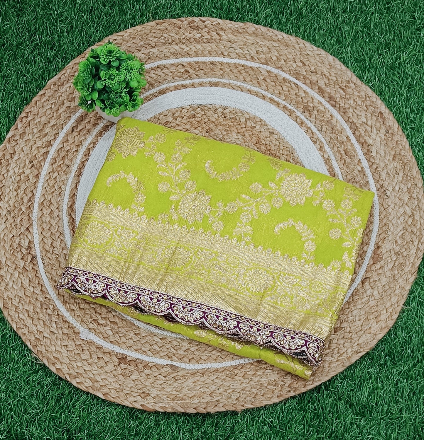 Mint Green Floral Cutwork Khadi Saree