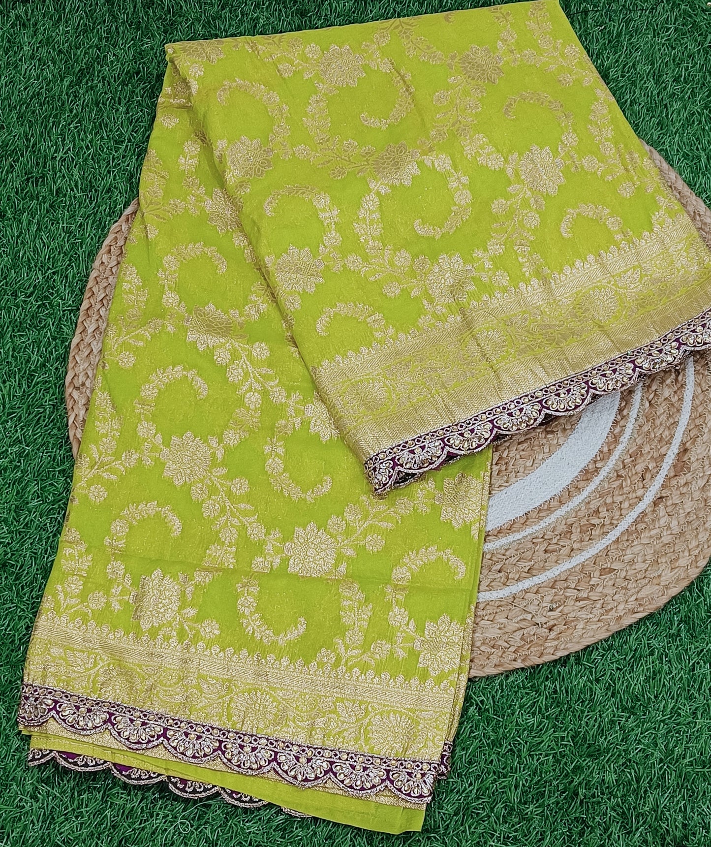 Mint Green Floral Cutwork Khadi Saree