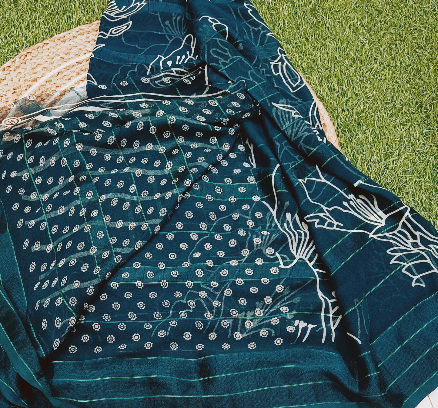 Peacock Blue Floral Georgette Saree