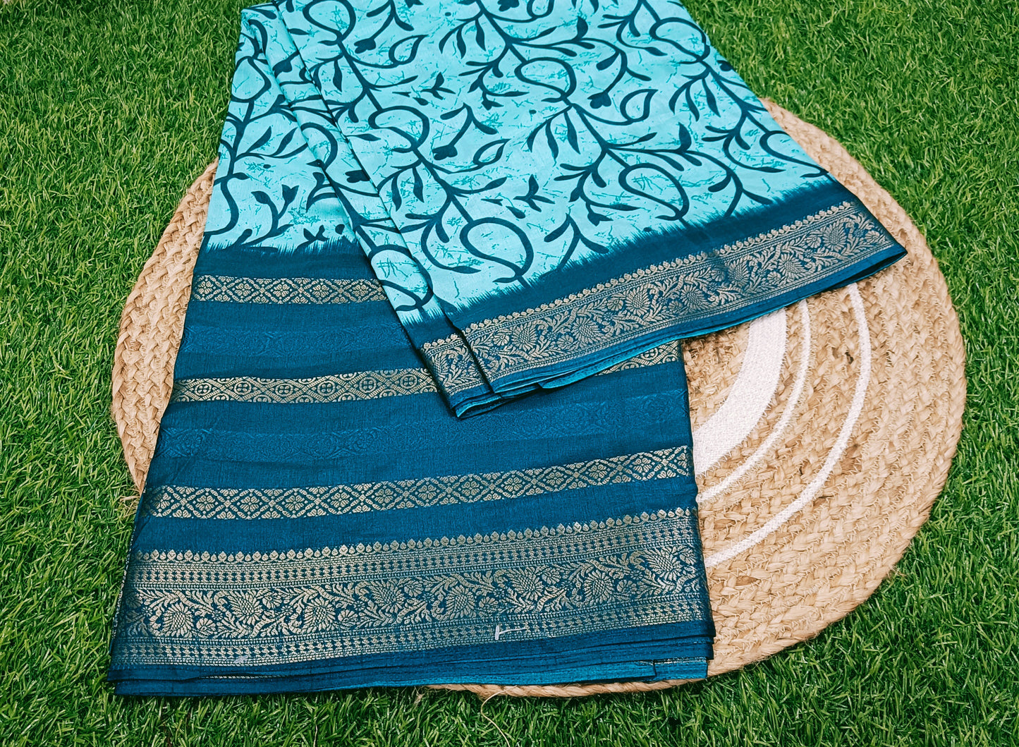 Turquoise Blue Floral Cotton Silk Saree
