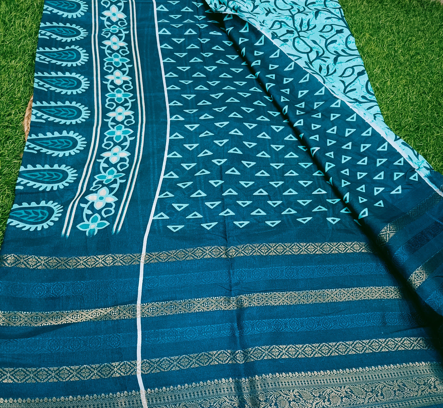 Turquoise Blue Floral Cotton Silk Saree