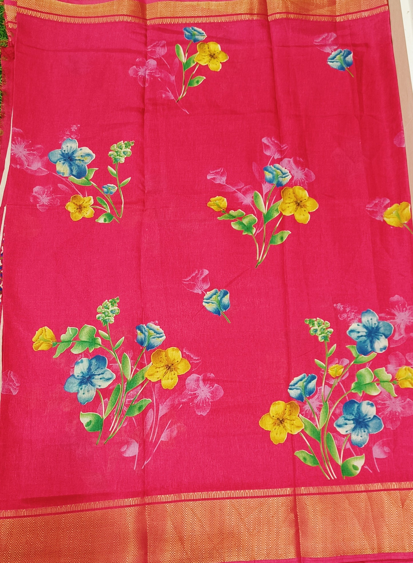Pink Floral Cotton Silk Saree