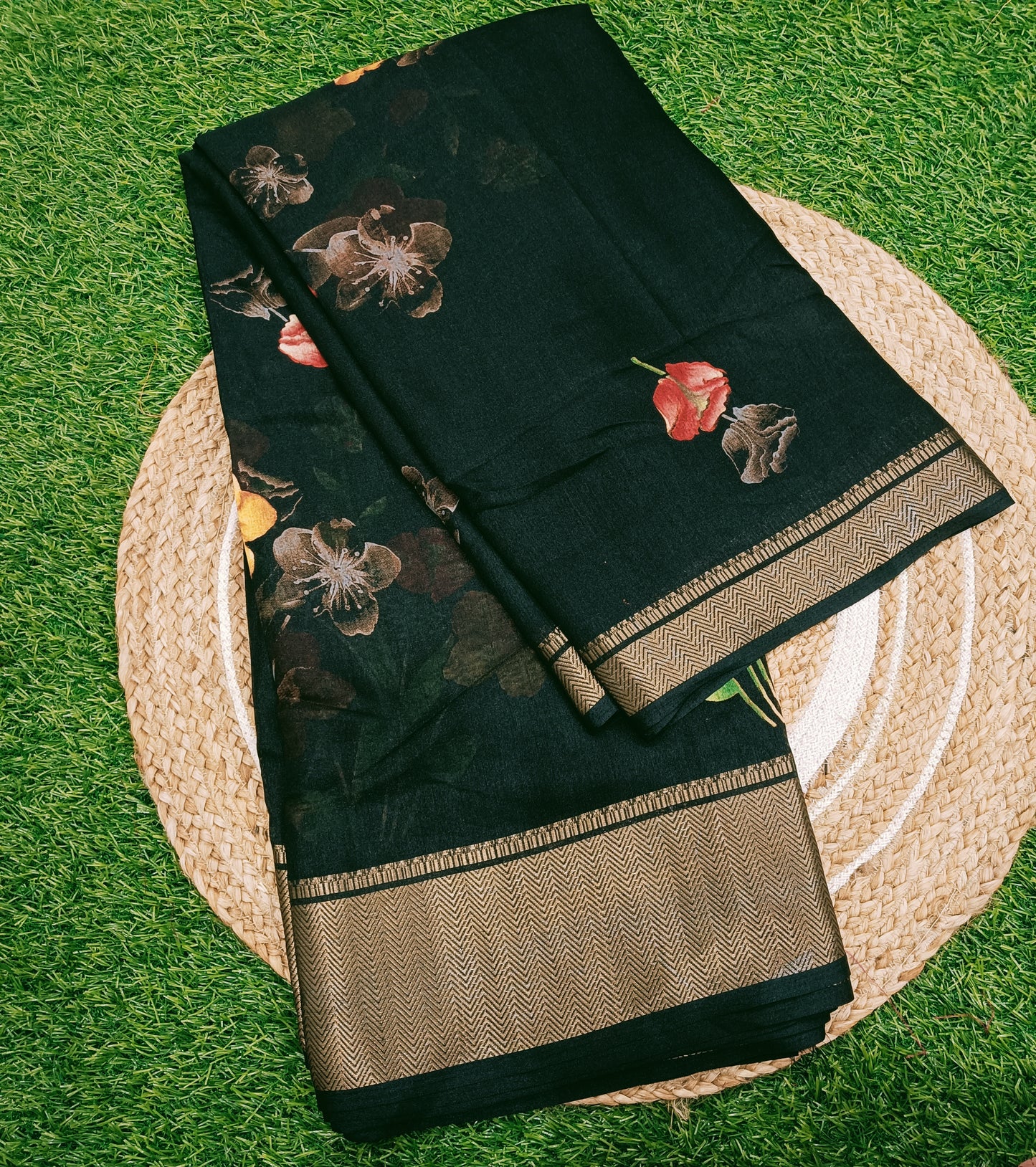 Black Floral Cotton Silk Saree