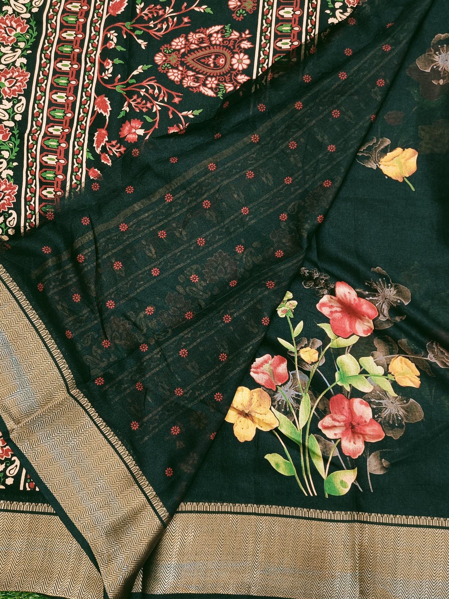 Black Floral Cotton Silk Saree