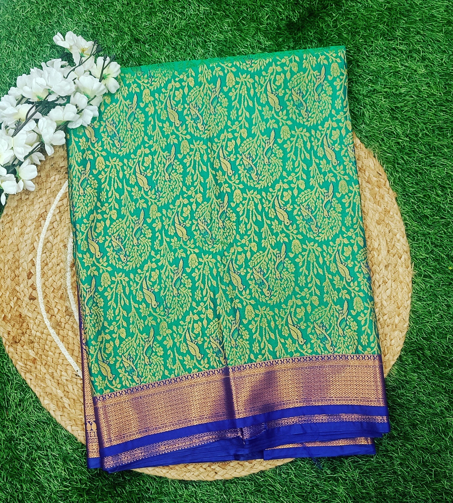 Green & Blue Bird Design Semi Kanchi Silk Saree