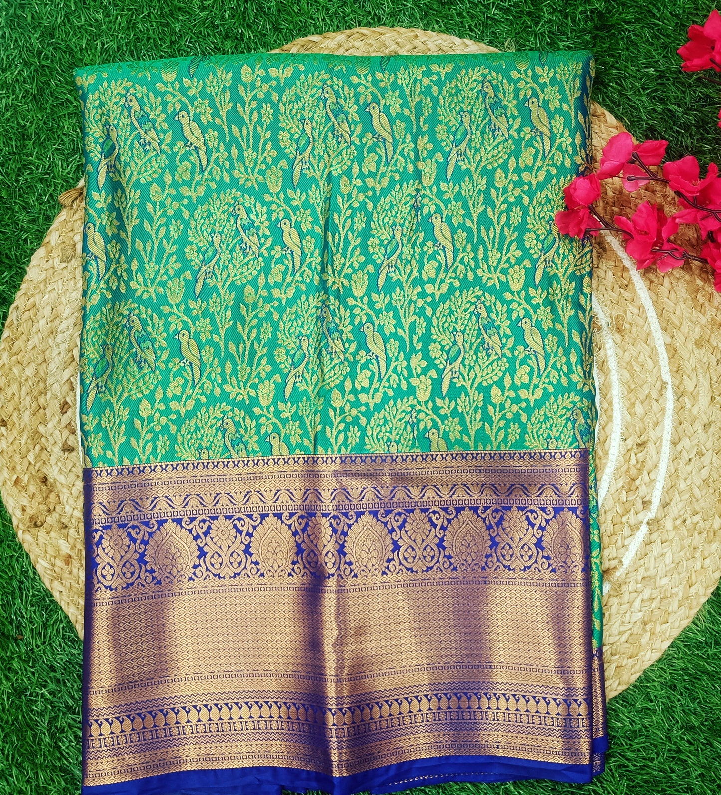 Green & Blue Bird Design Semi Kanchi Silk Saree