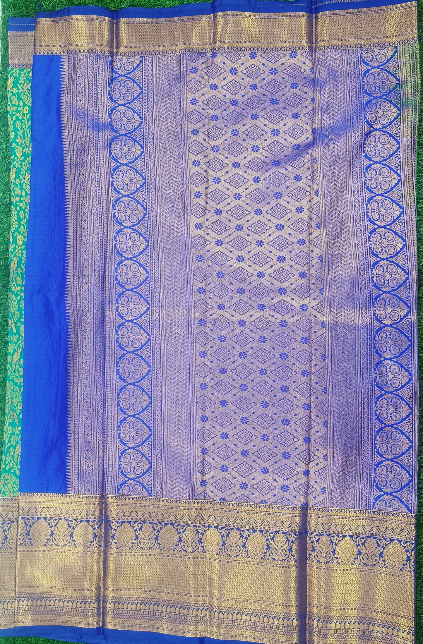 Green & Blue Bird Design Semi Kanchi Silk Saree