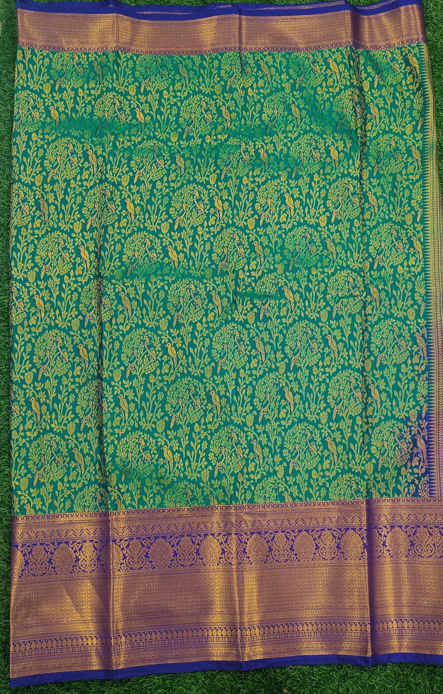 Green & Blue Bird Design Semi Kanchi Silk Saree