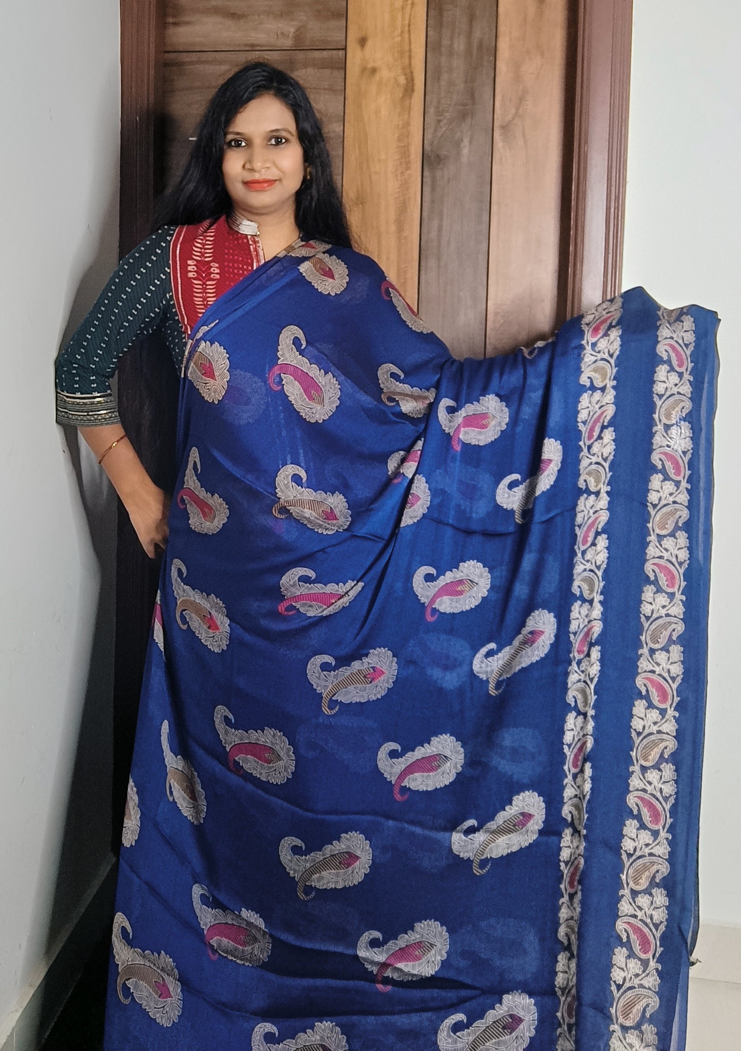 Blue Gap Border Crape Saree