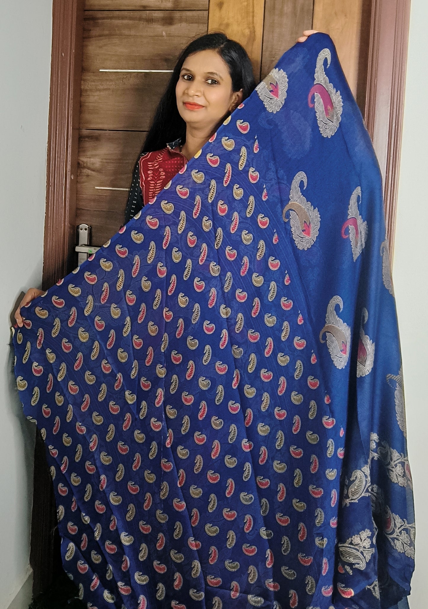 Blue Gap Border Crape Saree