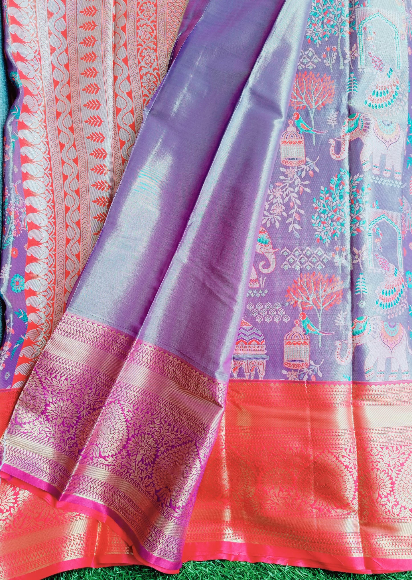 Lavender and Red 3D Print Semi Kanchipuram Silk Saree