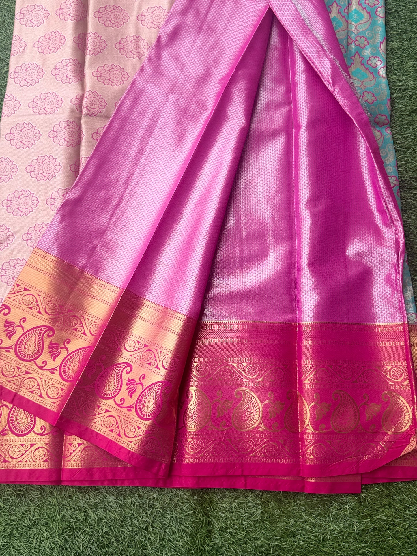 Sea Green and Pink Semi Kanchi Silk Saree