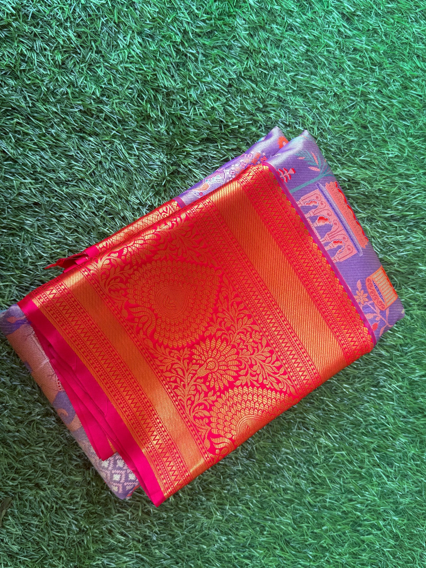 Lavender and Red 3D Print Semi Kanchipuram Silk Saree