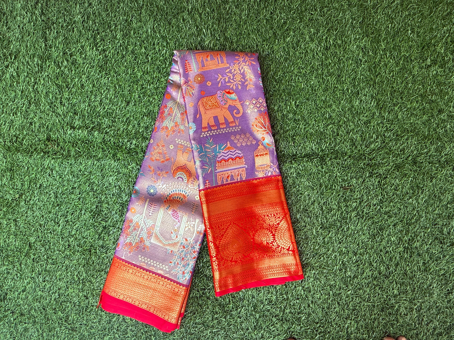 Lavender and Red 3D Print Semi Kanchipuram Silk Saree