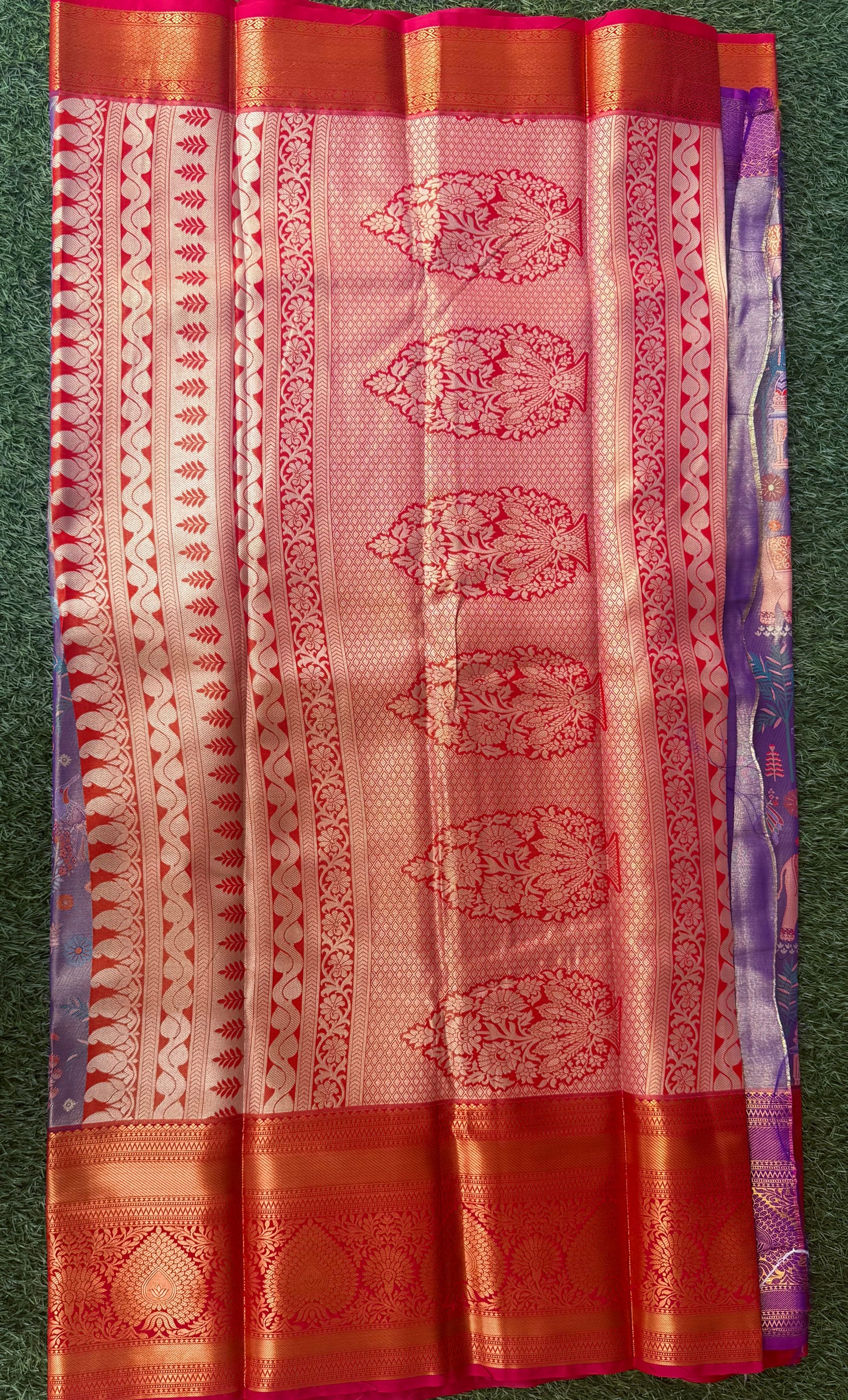 Lavender and Red 3D Print Semi Kanchipuram Silk Saree