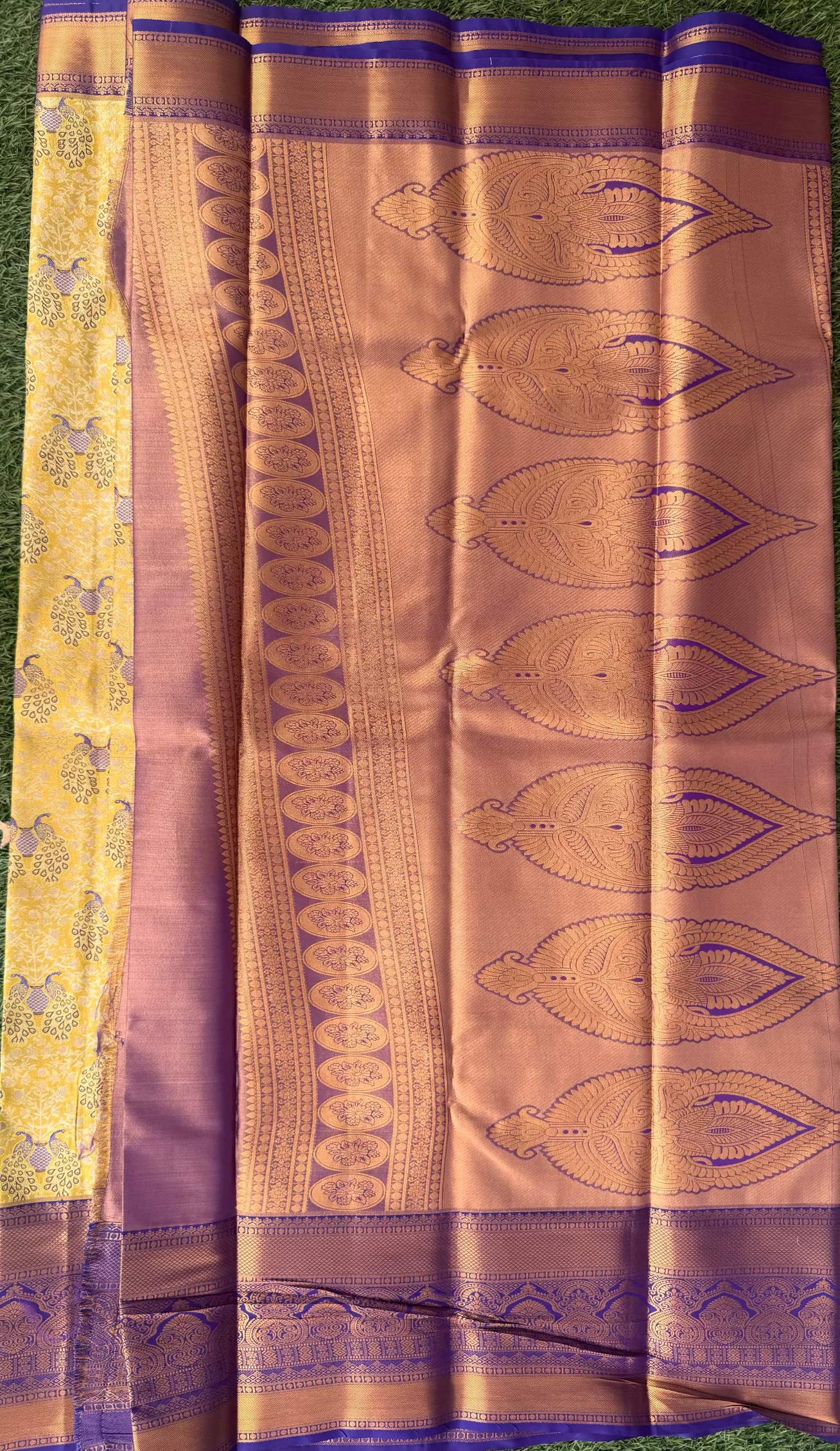 Yellow and Blue Semi Kanchi Silk Saree