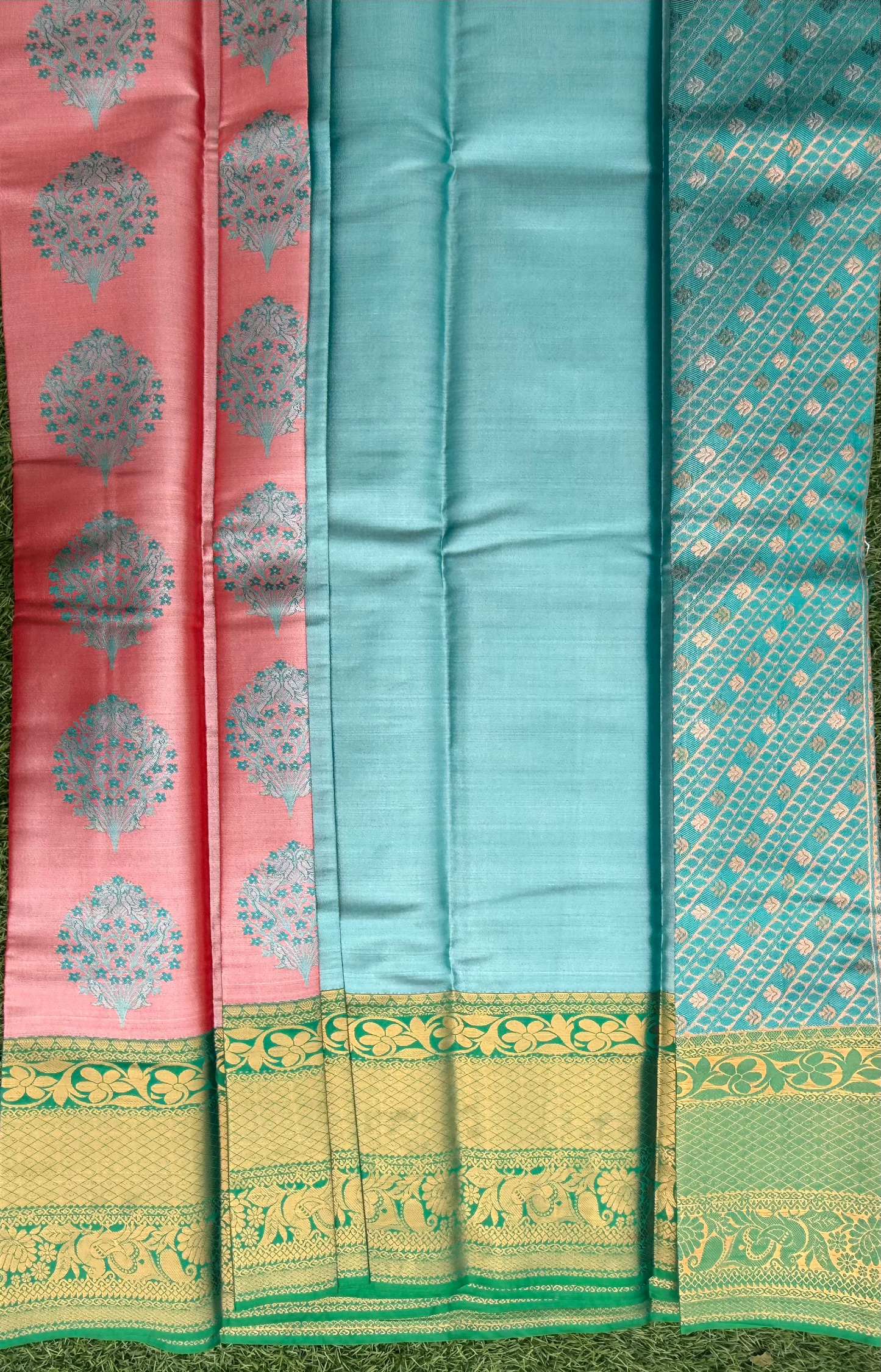Pink and Green Semi Kanchi Silk Saree