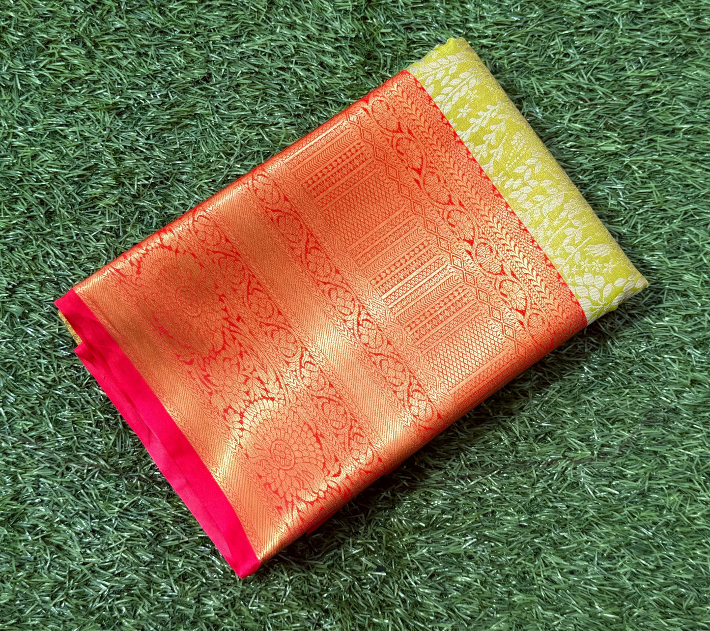 Lemon Yellow and Red Semi Kanchi Silk Saree