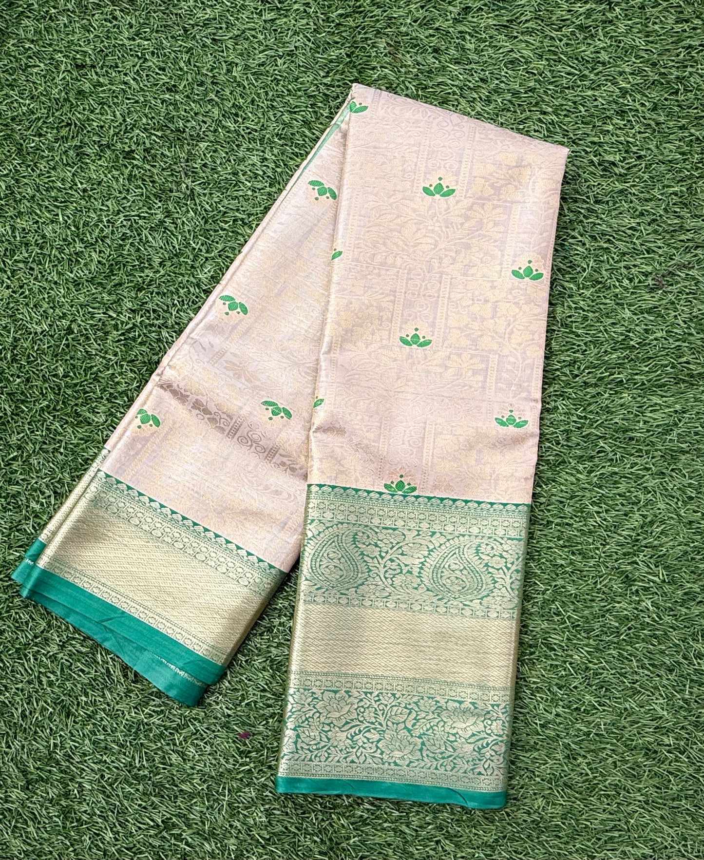 Off white and Green Semi Kanchi Silk Saree