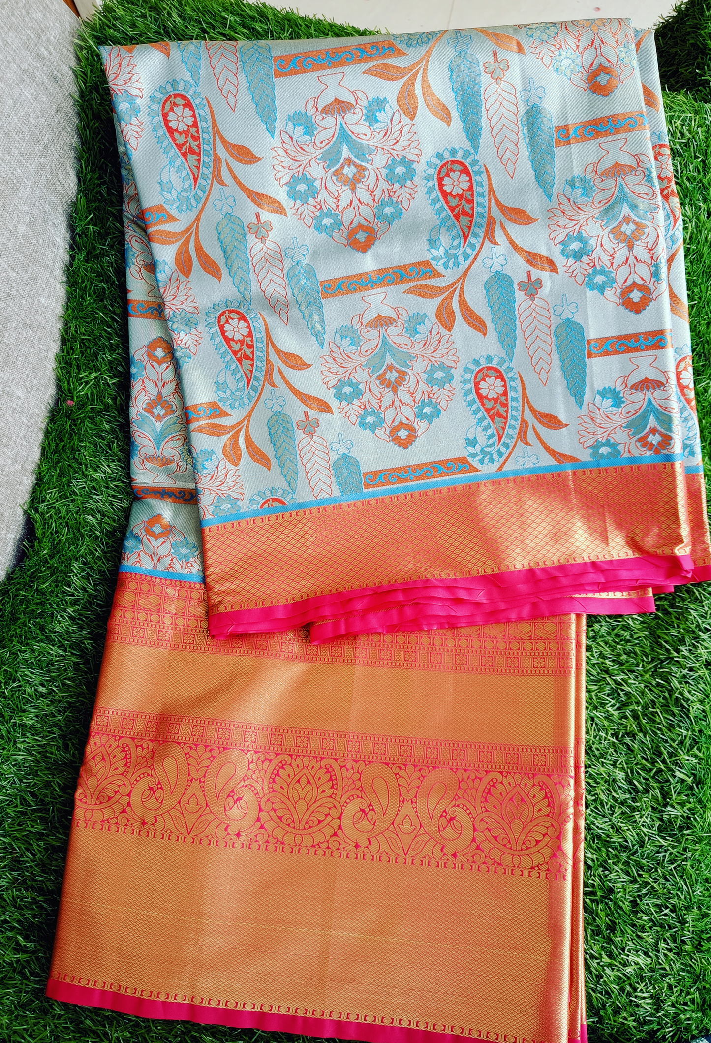 Blue Gray and Pink Leaf  Designer Semi Kanchi Silk Saree