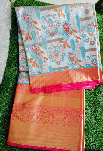 Blue Gray and Pink Leaf  Designer Semi Kanchi Silk Saree