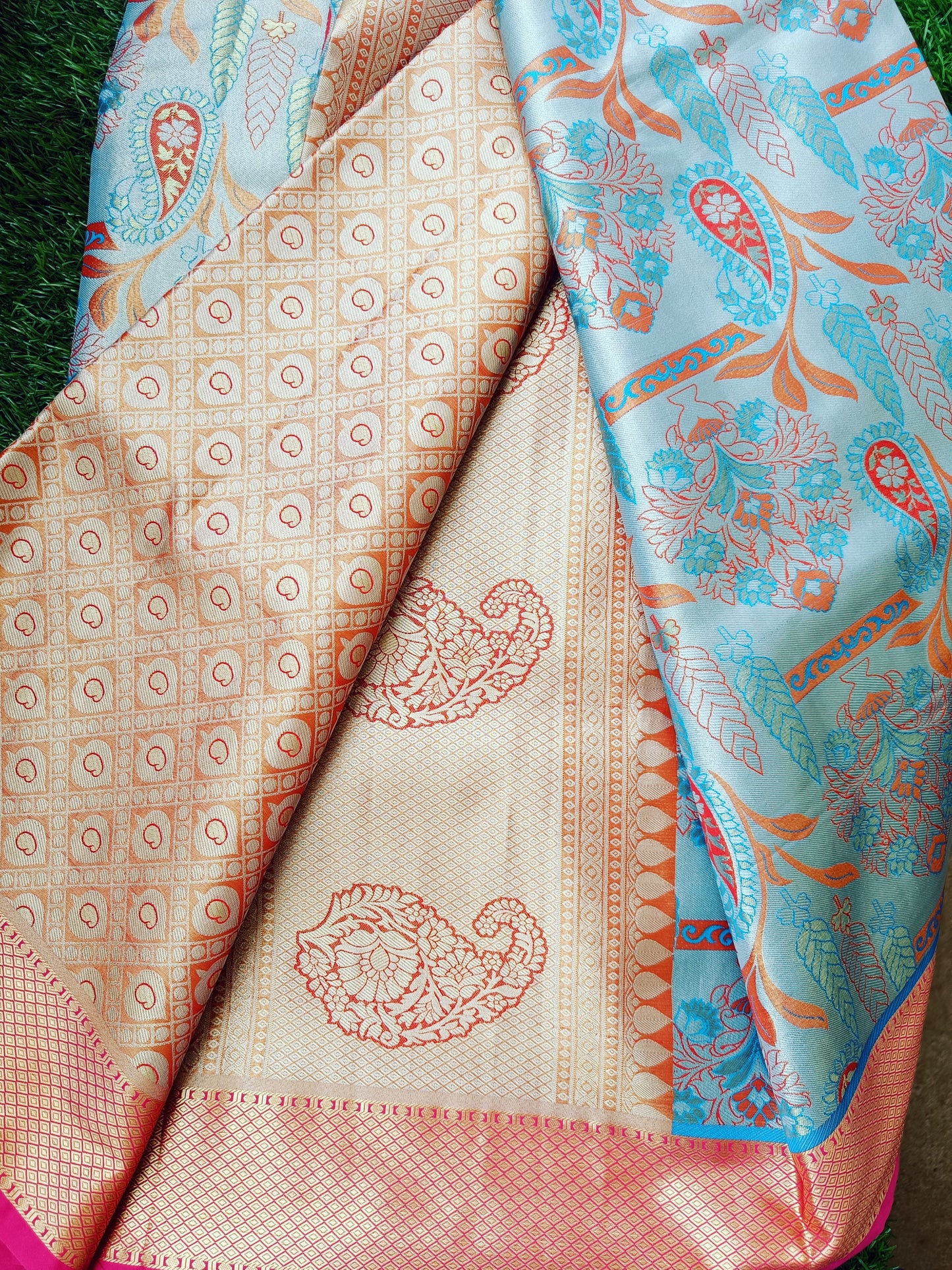 Blue Gray and Pink Leaf  Designer Semi Kanchi Silk Saree