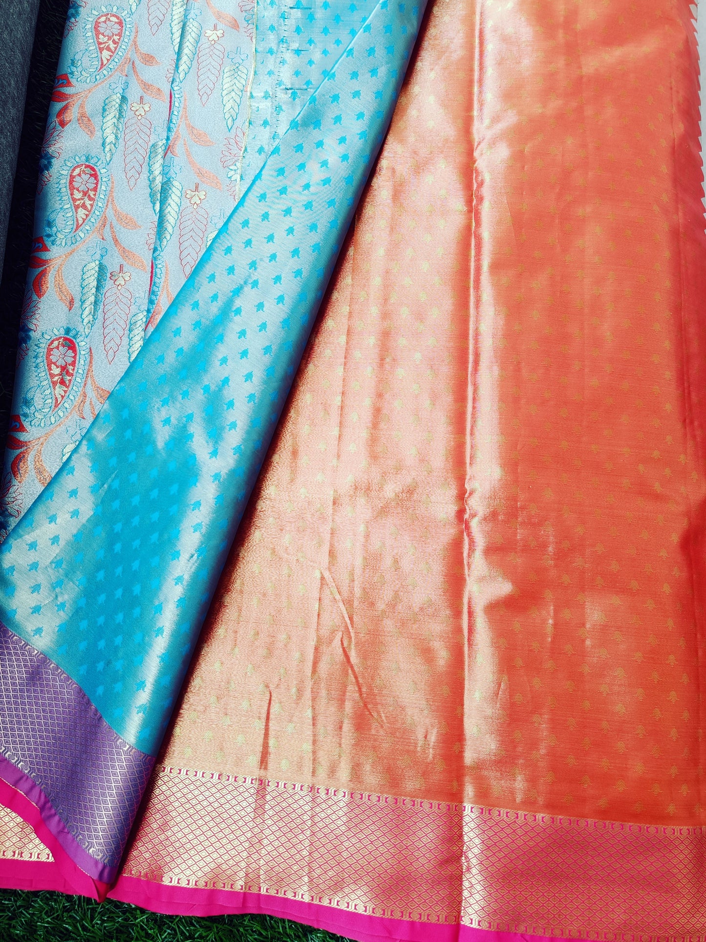 Blue Gray and Pink Leaf  Designer Semi Kanchi Silk Saree
