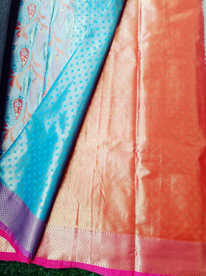 Blue Gray and Pink Leaf  Designer Semi Kanchi Silk Saree