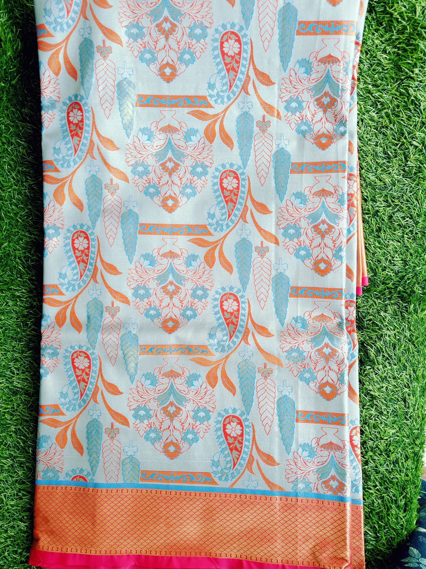 Blue Gray and Pink Leaf  Designer Semi Kanchi Silk Saree