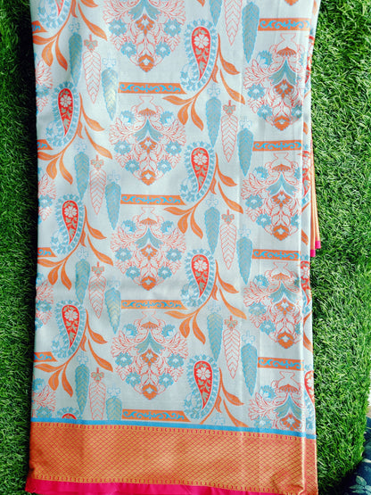 Blue Gray and Pink Leaf  Designer Semi Kanchi Silk Saree