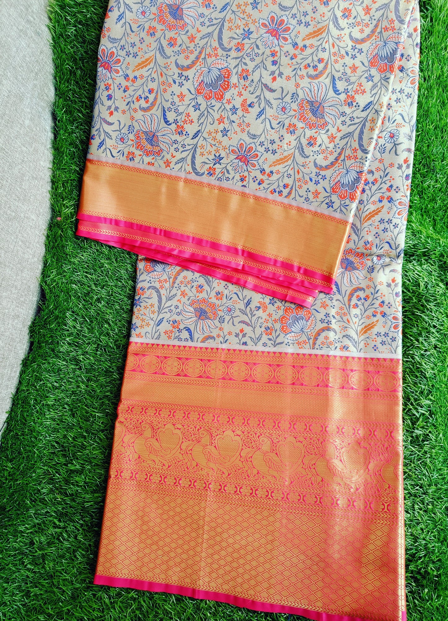 Gray and Pink Floral Designer Semi Kanchi Silk Saree