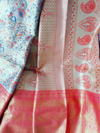 Gray and Pink Floral Designer Semi Kanchi Silk Saree