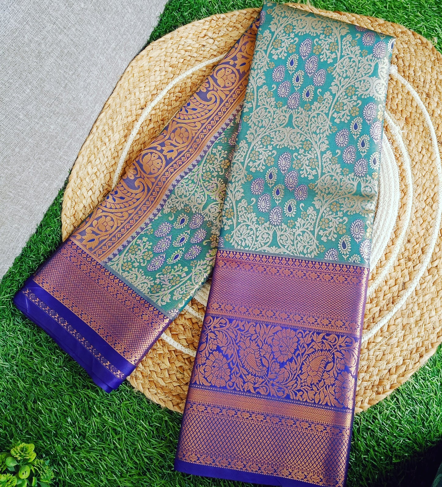 Peacock Blue and Dark Blue Semi Kanchi Silk Saree