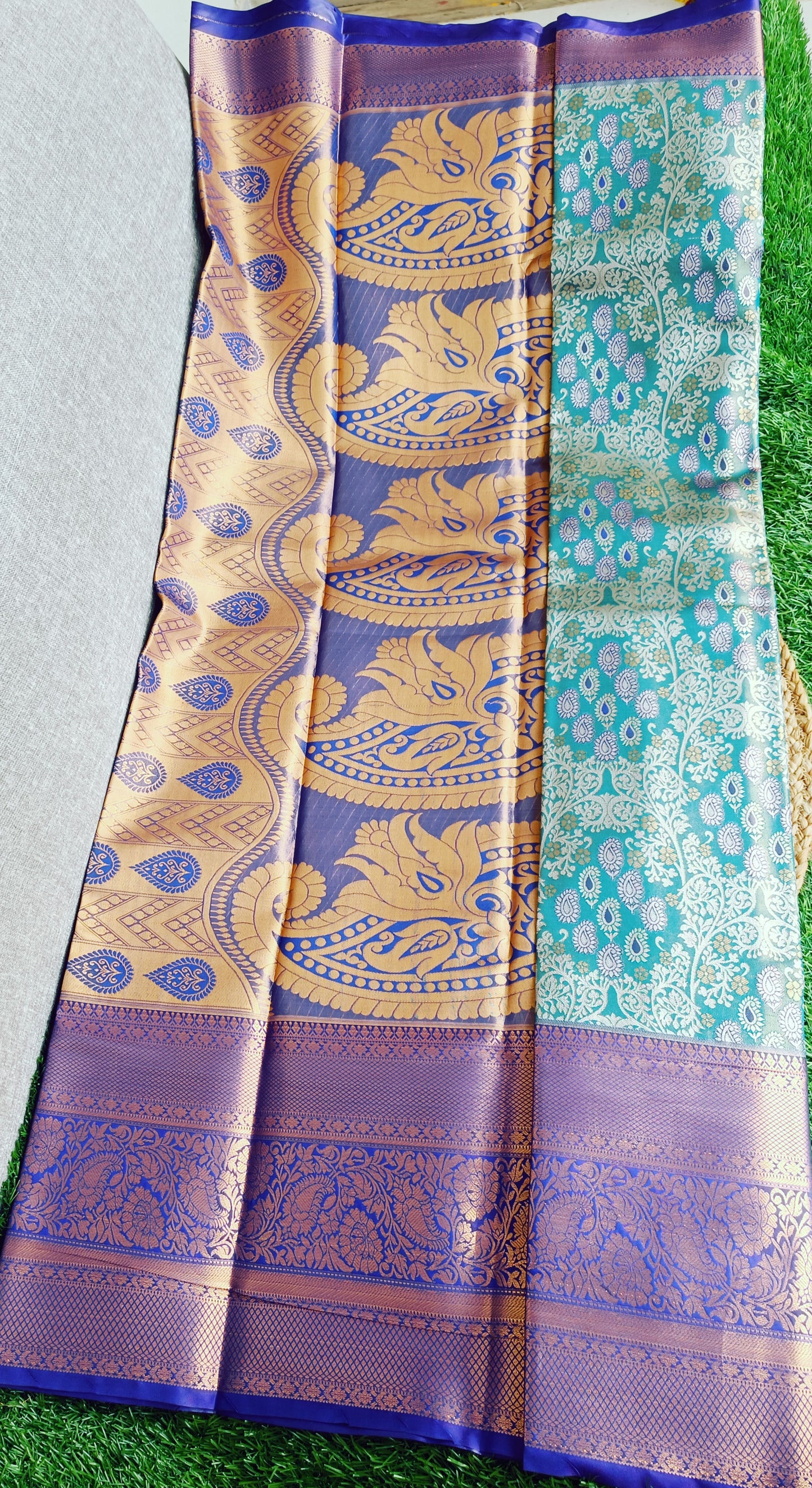 Peacock Blue and Dark Blue Semi Kanchi Silk Saree