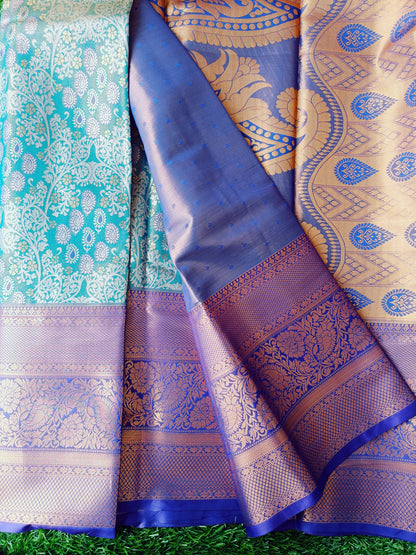 Peacock Blue and Dark Blue Semi Kanchi Silk Saree