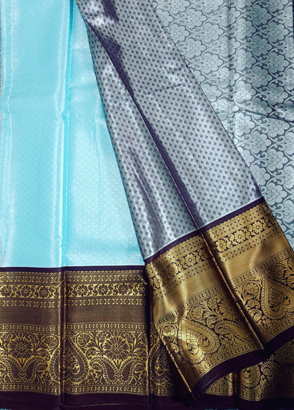 Sea Blue and Brown Semi Kanchi Silk Saree