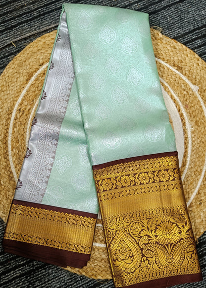 Sea Green and Brown Semi Kanchi Silk Saree