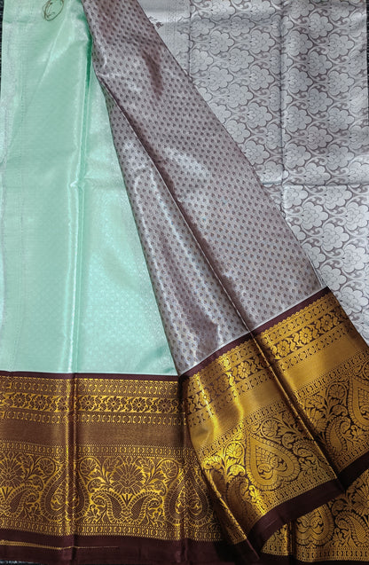 Sea Green and Brown Semi Kanchi Silk Saree