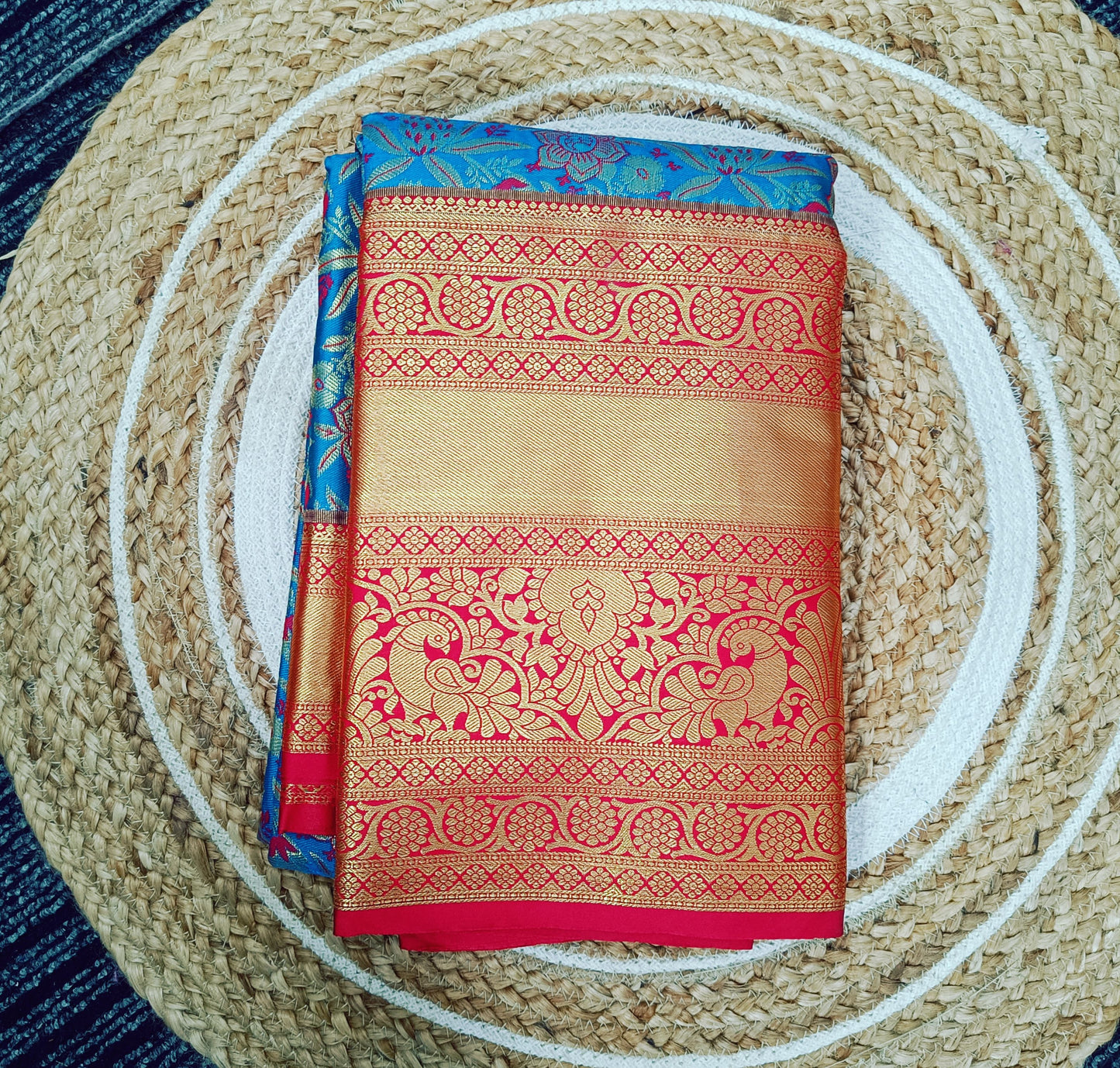 Blue and Red Semi Kanchi Silk Saree