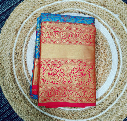 Blue and Red Semi Kanchi Silk Saree