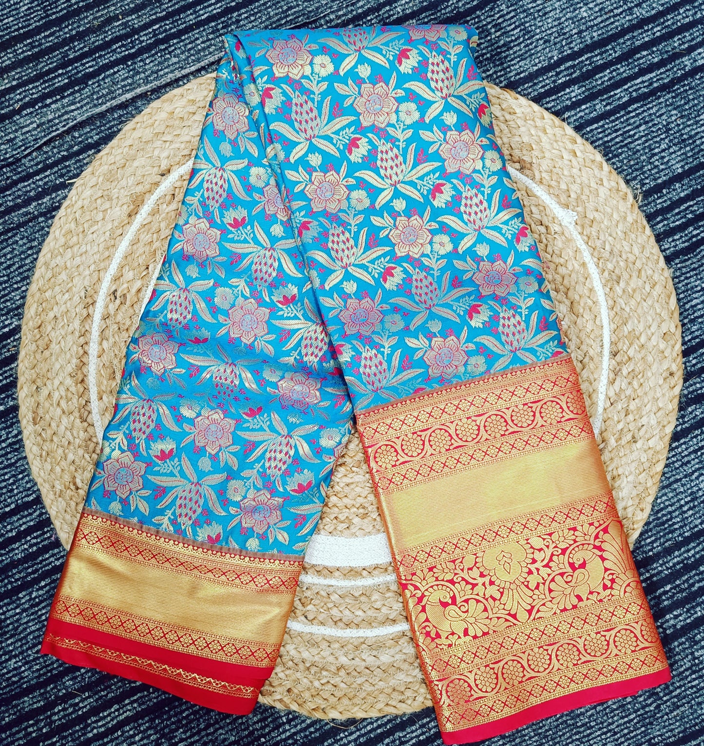 Blue and Red Semi Kanchi Silk Saree