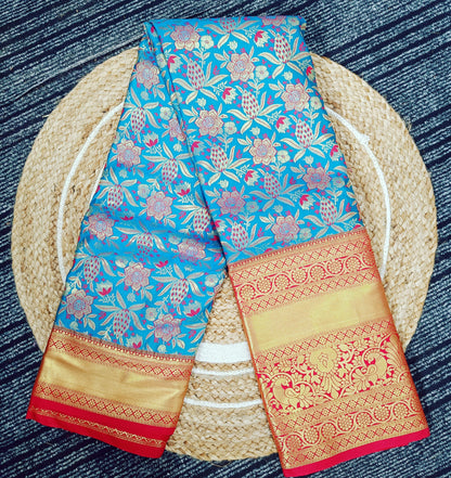 Blue and Red Semi Kanchi Silk Saree